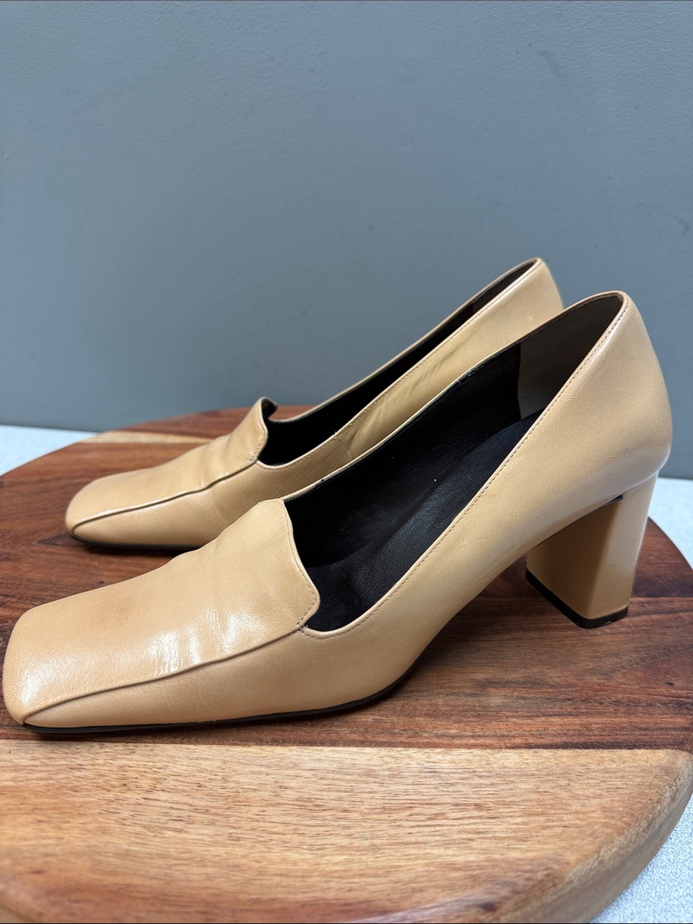 Enzo Angiolini Camel/Tan Leather Square Toe Block Heel Pumps Size 8M